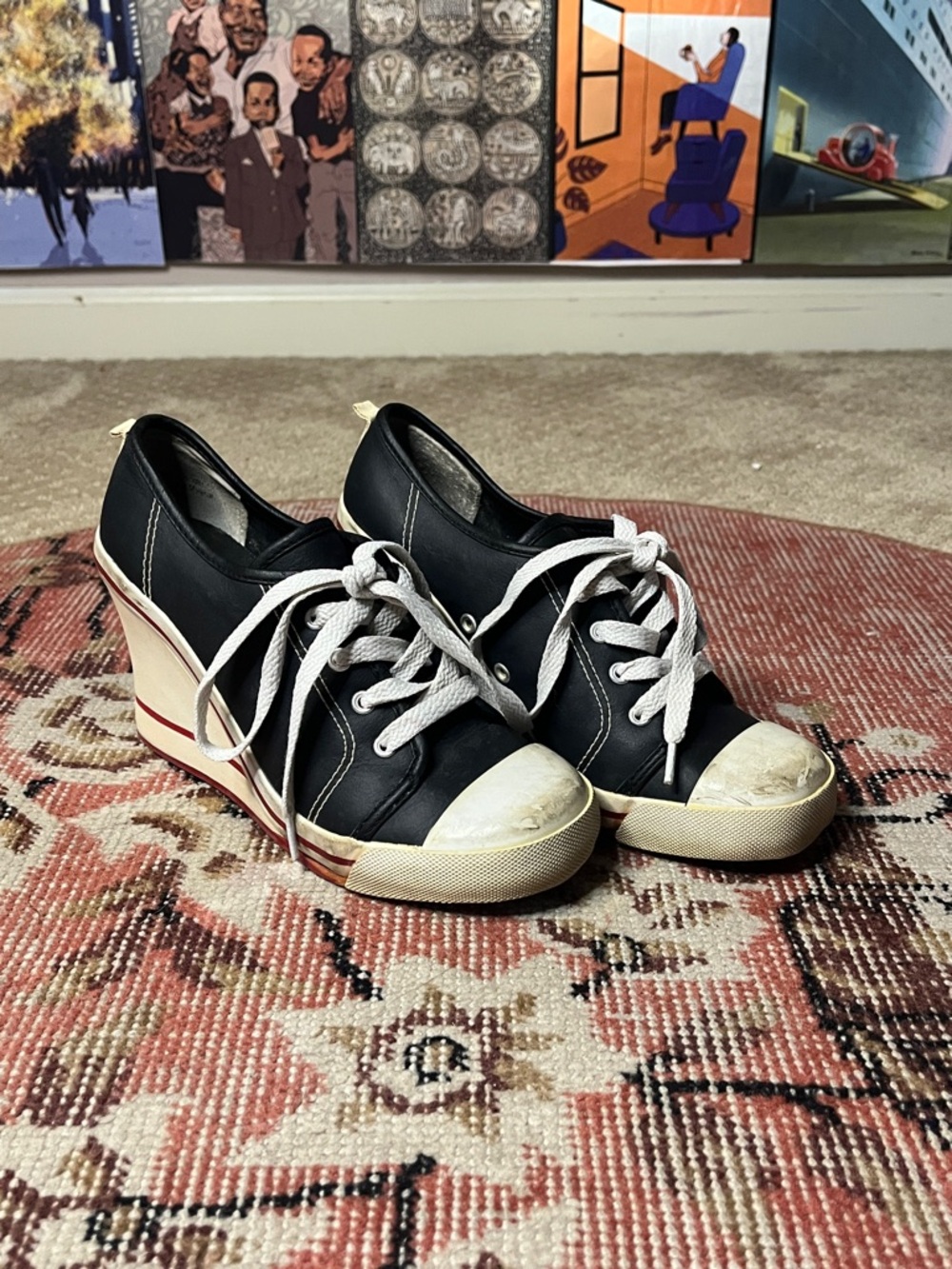 Steve Madden Black Lace-Up Sneaker Wedges with Cream Accents